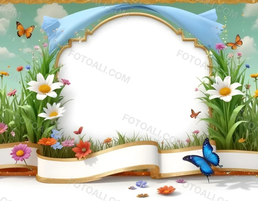 3d Model A Decorative Border Featuring Vibrant Green Grass And Colorful Flowers With Two Butterflies Resting On The Ground The Background Is A Light Blue Sky With Sparkles And There Is A Blank White Space In The Cen 55 7a0c