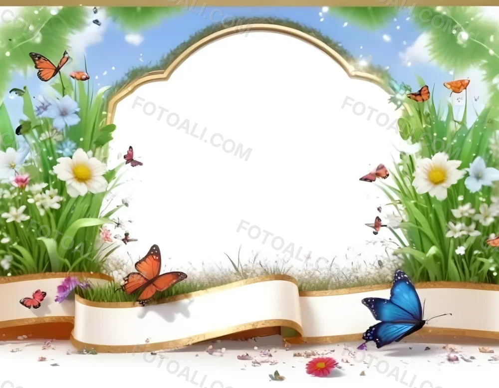 3d Model A Decorative Border Featuring Vibrant Green Grass And Colorful Flowers With Two Butterflies Resting On The Ground The Background Is A Light Blue Sky With Sparkles And There Is A Blank White Space In The Cen 57 13fb
