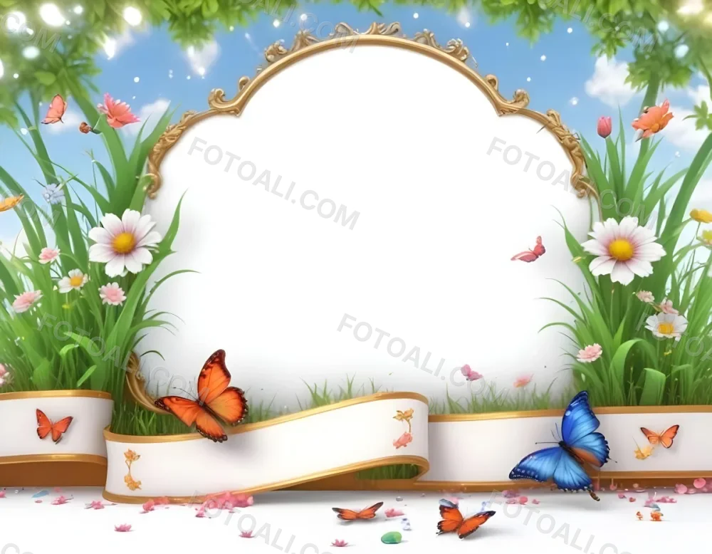 3d Model A Decorative Border Featuring Vibrant Green Grass And Colorful Flowers With Two Butterflies Resting On The Ground The Background Is A Light Blue Sky With Sparkles And There Is A Blank White Space In The Cen 60 60e0