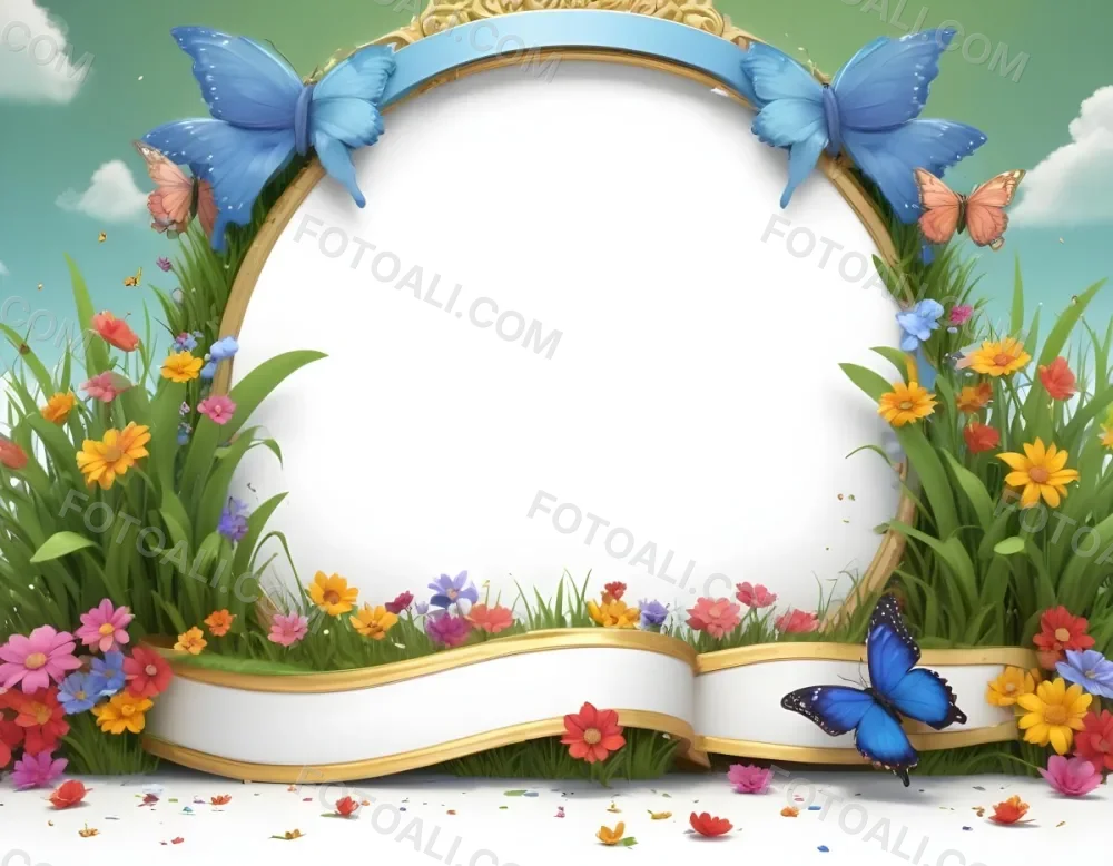 3d Model A Decorative Border Featuring Vibrant Green Grass And Colorful Flowers With Two Butterflies Resting On The Ground The Background Is A Light Blue Sky With Sparkles And There Is A Blank White Space In The Cen 62 4bb5