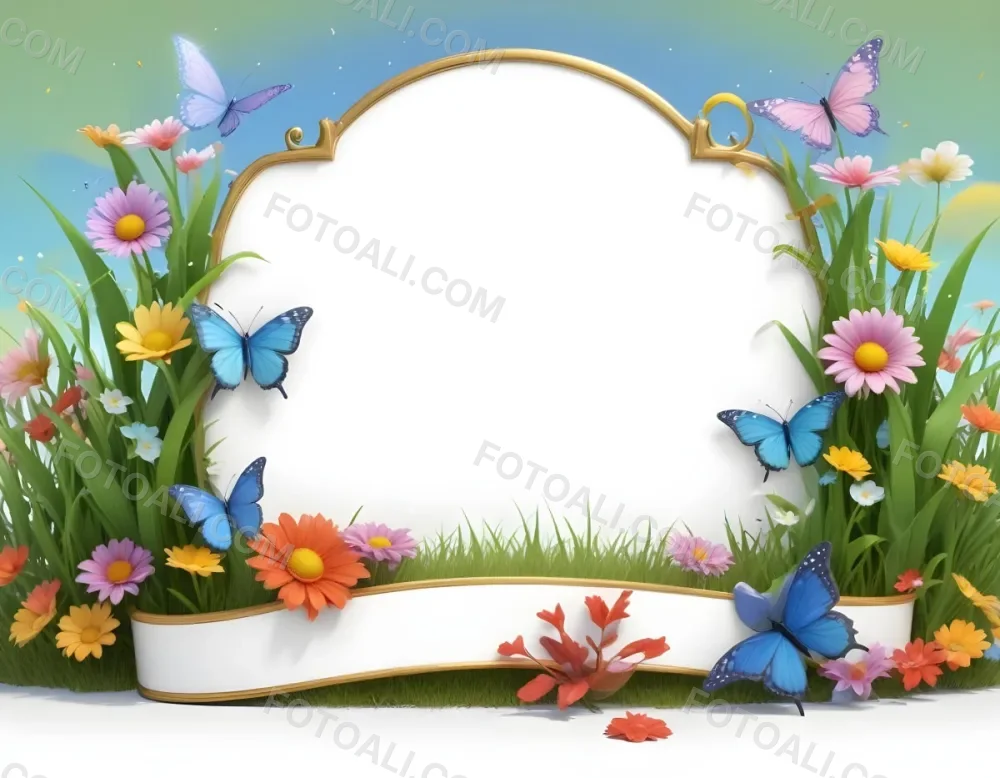 3d Model A Decorative Border Featuring Vibrant Green Grass And Colorful Flowers With Two Butterflies Resting On The Ground The Background Is A Light Blue Sky With Sparkles And There Is A Blank White Space In The Cen 68 6011