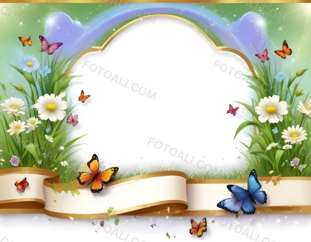 3d Model A Decorative Border Featuring Vibrant Green Grass And Colorful Flowers With Two Butterflies Resting On The Ground The Background Is A Light Blue Sky With Sparkles And There Is A Blank White Space In The Cen 7 21eb