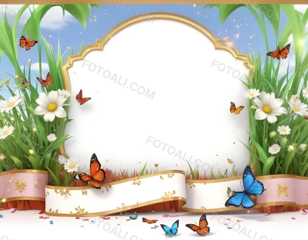 3d Model A Decorative Border Featuring Vibrant Green Grass And Colorful Flowers With Two Butterflies Resting On The Ground The Background Is A Light Blue Sky With Sparkles And There Is A Blank White Space In The Cen 8 20eb