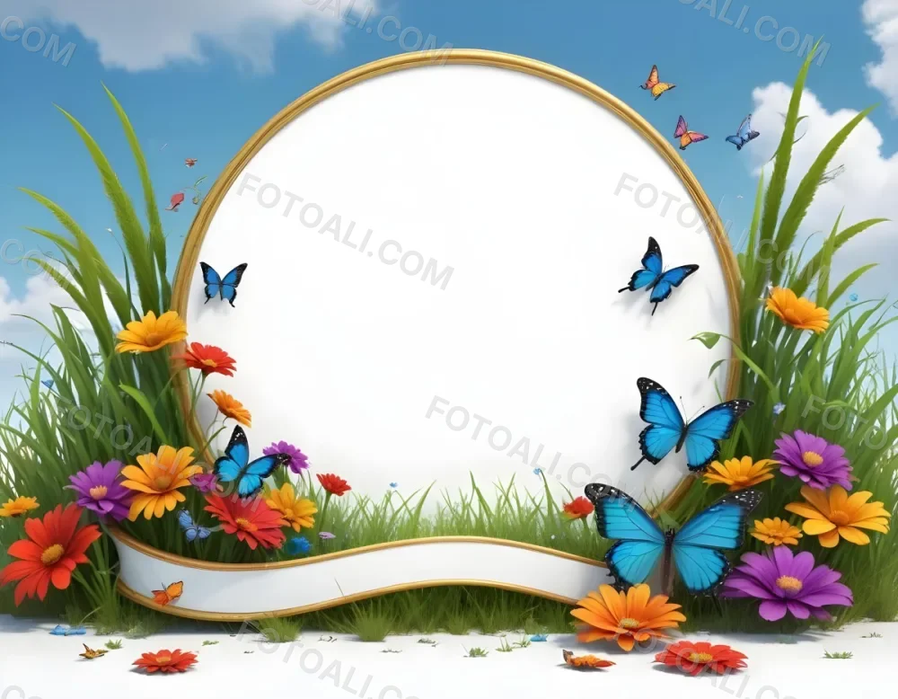 3d Model A Decorative Border Featuring Vibrant Green Grass And Colorful Flowers With Two Butterflies Resting On The Ground The Background Is A Light Blue Sky With Sparkles And There Is A Blank White Space In The Cen 80 74f1