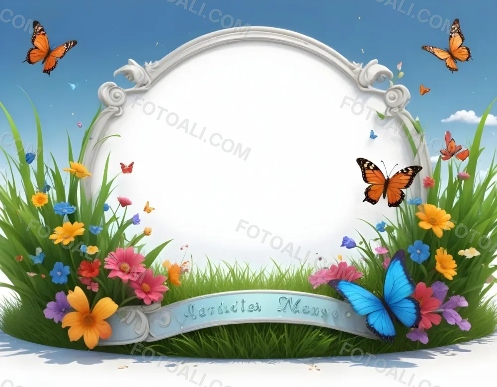 3d Model A Decorative Border Featuring Vibrant Green Grass And Colorful Flowers With Two Butterflies Resting On The Ground The Background Is A Light Blue Sky With Sparkles And There Is A Blank White Space In The Cen 81 5b71
