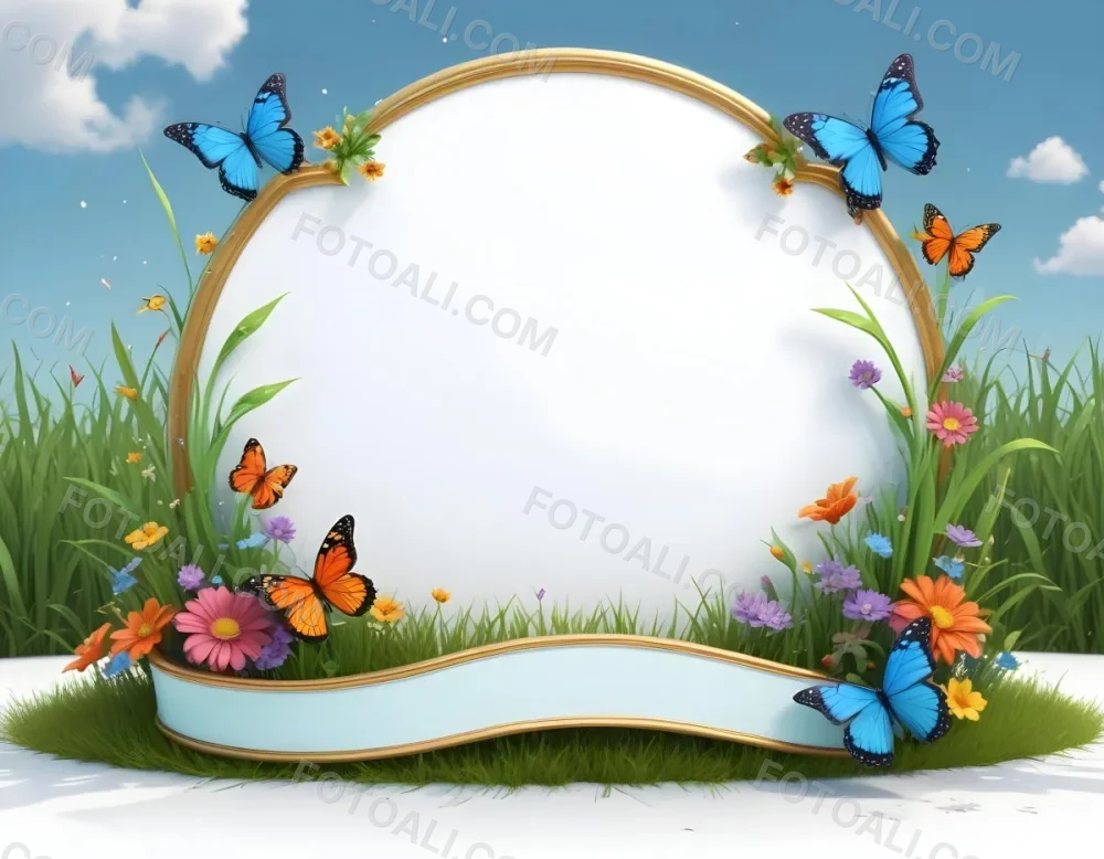 3d Model A Decorative Border Featuring Vibrant Green Grass And Colorful Flowers With Two Butterflies Resting On The Ground The Background Is A Light Blue Sky With Sparkles And There Is A Blank White Space In The Cen 83 Fc12