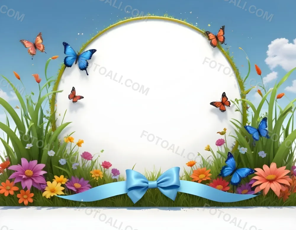 3d Model A Decorative Border Featuring Vibrant Green Grass And Colorful Flowers With Two Butterflies Resting On The Ground The Background Is A Light Blue Sky With Sparkles And There Is A Blank White Space In The Cen 84 Fe90