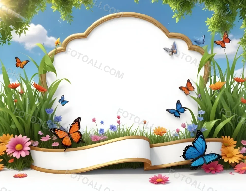 3d Model A Decorative Border Featuring Vibrant Green Grass And Colorful Flowers With Two Butterflies Resting On The Ground The Background Is A Light Blue Sky With Sparkles And There Is A Blank White Space In The Cen 87 F03a