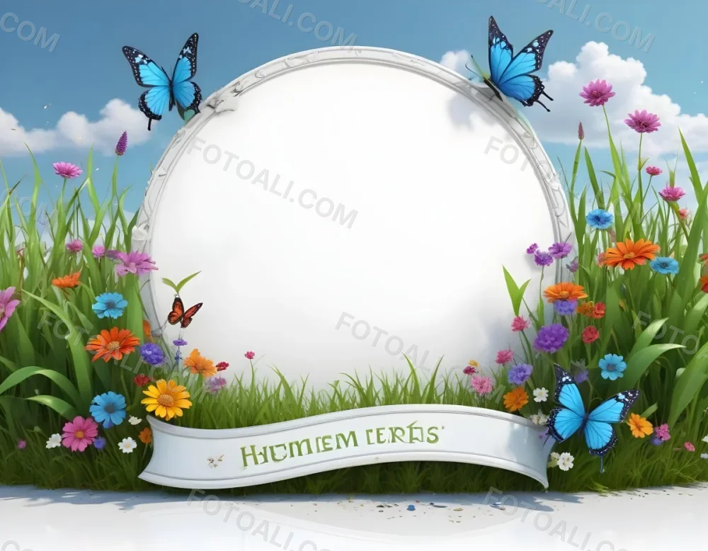 3d Model A Decorative Border Featuring Vibrant Green Grass And Colorful Flowers With Two Butterflies Resting On The Ground The Background Is A Light Blue Sky With Sparkles And There Is A Blank White Space In The Cen 89 F82f