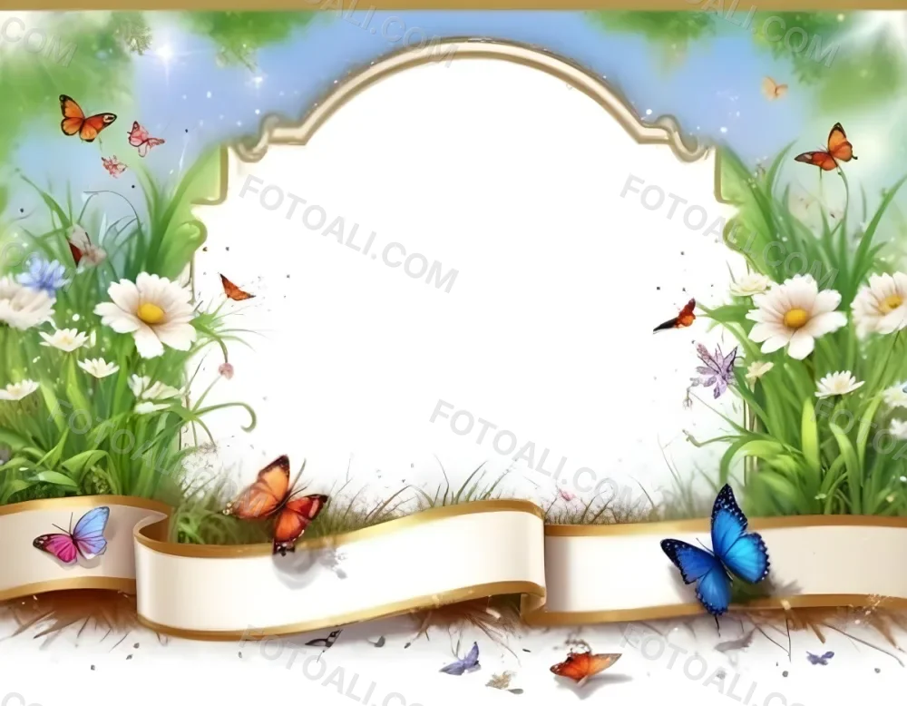 3d Model A Decorative Border Featuring Vibrant Green Grass And Colorful Flowers With Two Butterflies Resting On The Ground The Background Is A Light Blue Sky With Sparkles And There Is A Blank White Space In The Cen 9 2b17