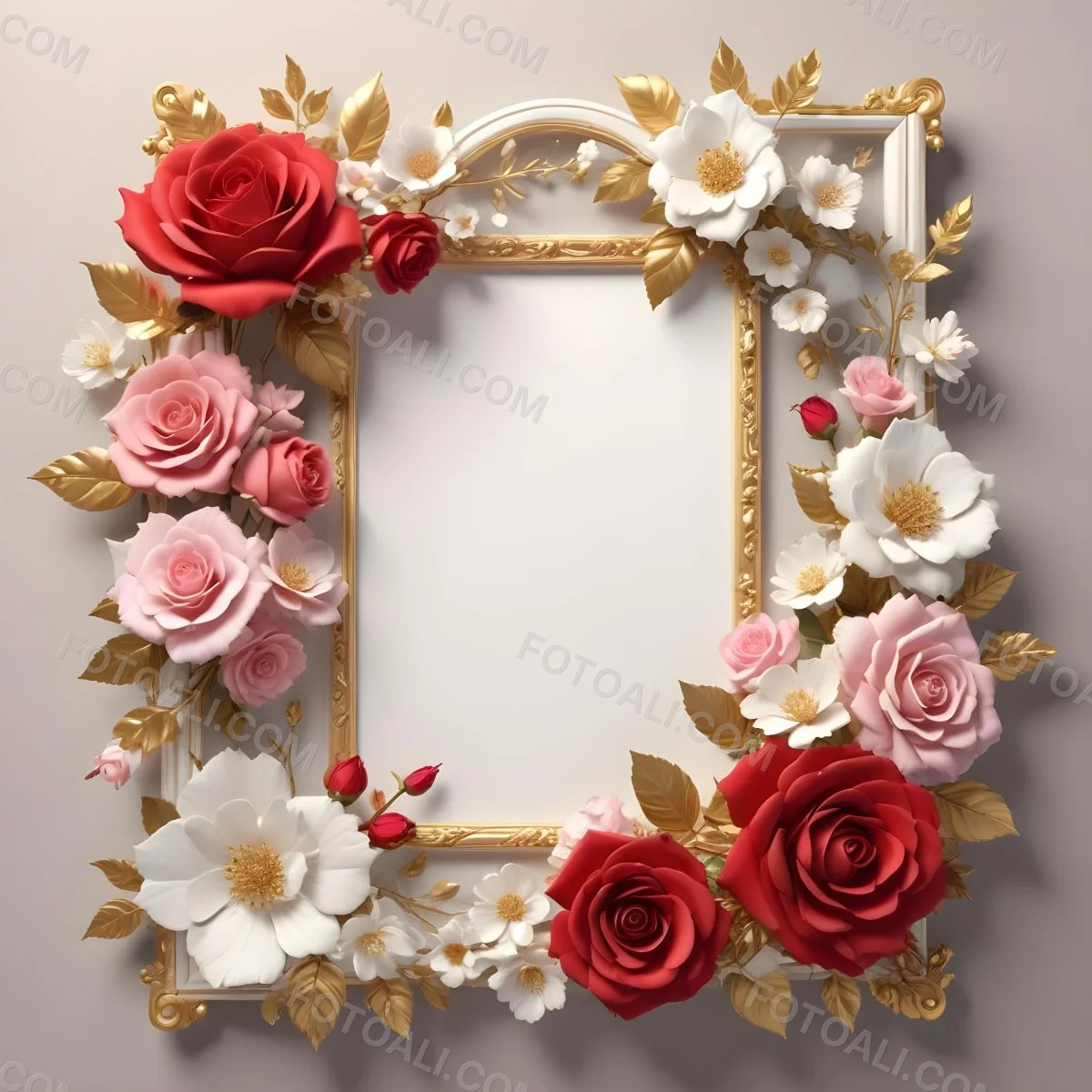 3d Model A Decorative Floral Frame With Large Red And Pink Roses Delicate White Flowers And Gold Accents On A Light Background Figure Octane Render Volumetric Highly Detailed Videogame Aesthetic 57 Cc4a