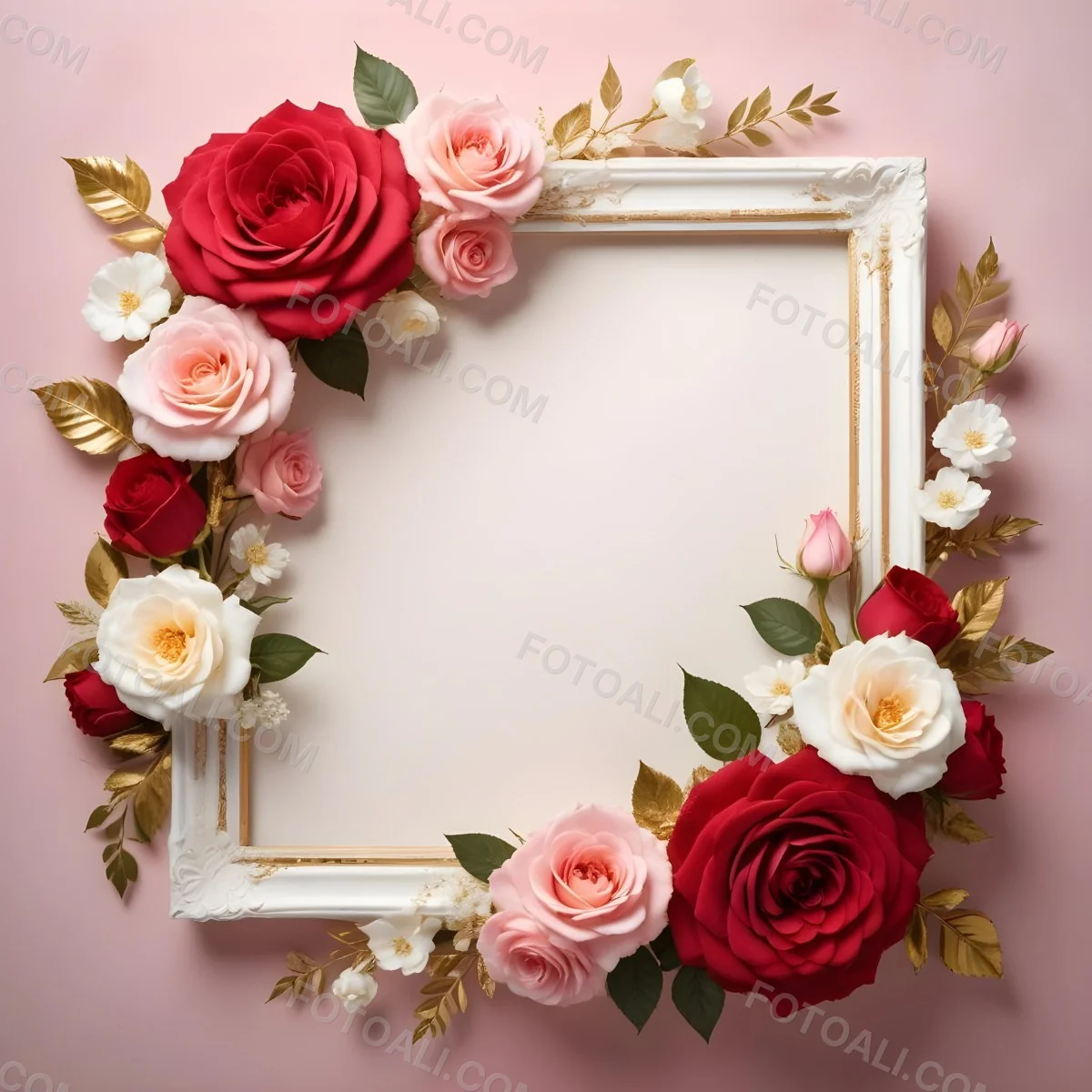 3d Model A Decorative Floral Frame With Large Red And Pink Roses Delicate White Flowers And Gold Accents On A Light Background Figure Octane Render Volumetric Highly Detailed Videogame Aesthetic 67 D7b7