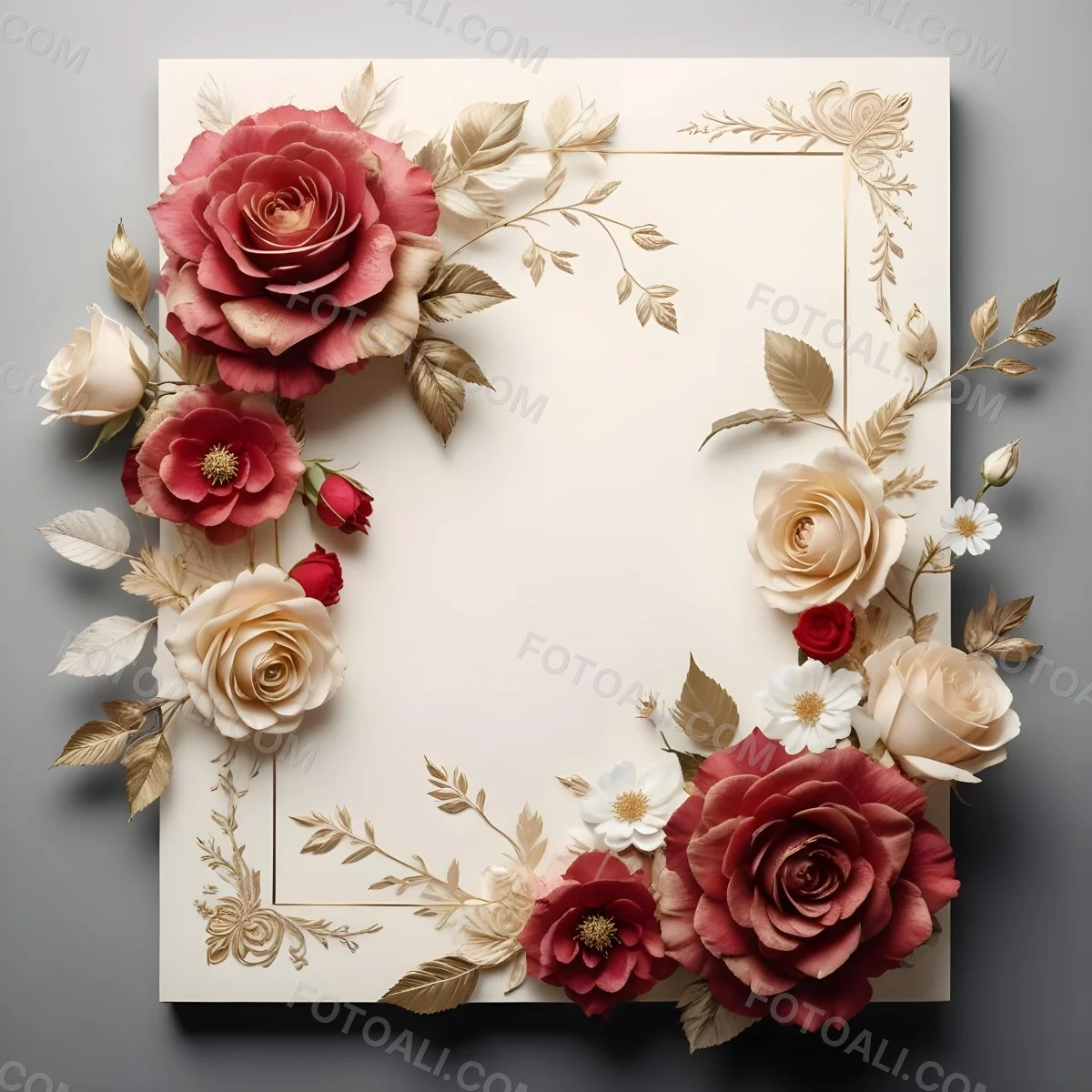 3d Model A Decorative Floral Frame With Large Red And Pink Roses Delicate White Flowers And Gold Accents On A Light Background Figure Octane Render Volumetric Highly Detailed Videogame Aesthetic 74 0708