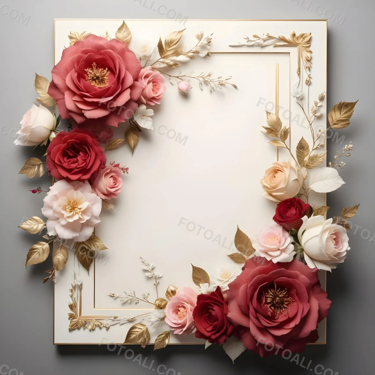 3d Model A Decorative Floral Frame With Large Red And Pink Roses Delicate White Flowers And Gold Accents On A Light Background Figure Octane Render Volumetric Highly Detailed Videogame Aesthetic 78 A930