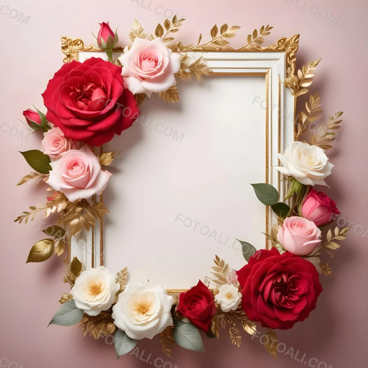 3d Model A Decorative Floral Frame With Large Red And Pink Roses Delicate White Flowers And Gold Accents On A Light Background Figure Octane Render Volumetric Highly Detailed Videogame Aesthetic 85 2b10