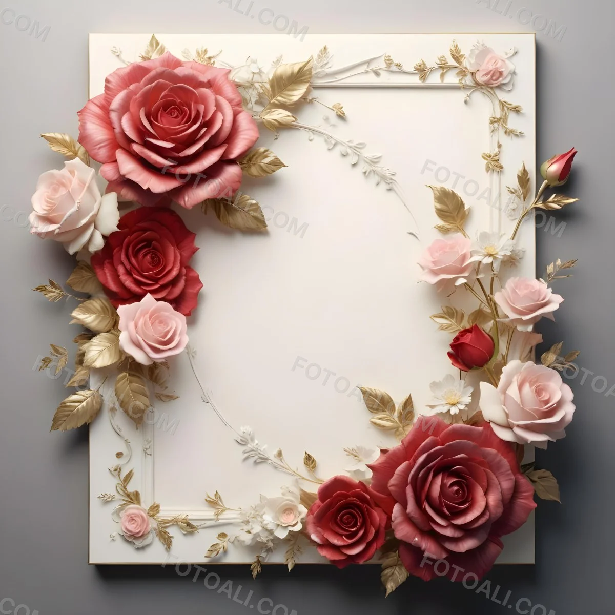 3d Model A Decorative Floral Frame With Large Red And Pink Roses Delicate White Flowers And Gold Accents On A Light Background Figure Octane Render Volumetric Highly Detailed Videogame Aesthetic 87 F464