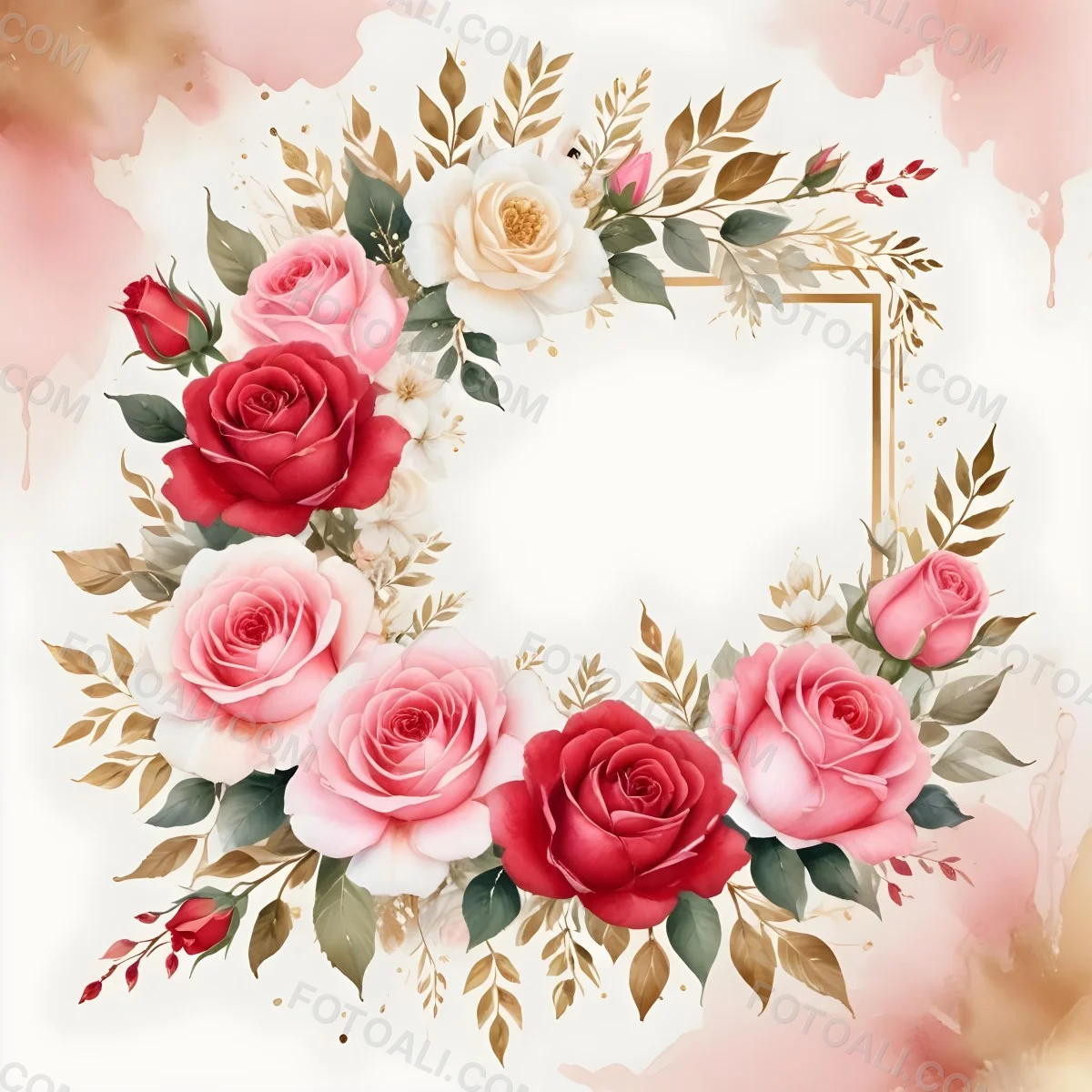 3d Model A Decorative Floral Frame With Large Red And Pink Roses Delicate White Flowers And Gold Accents On A Light Background Figure Octane Render Volumetric Highly Detailed Videogame Aesthetic 9 057e