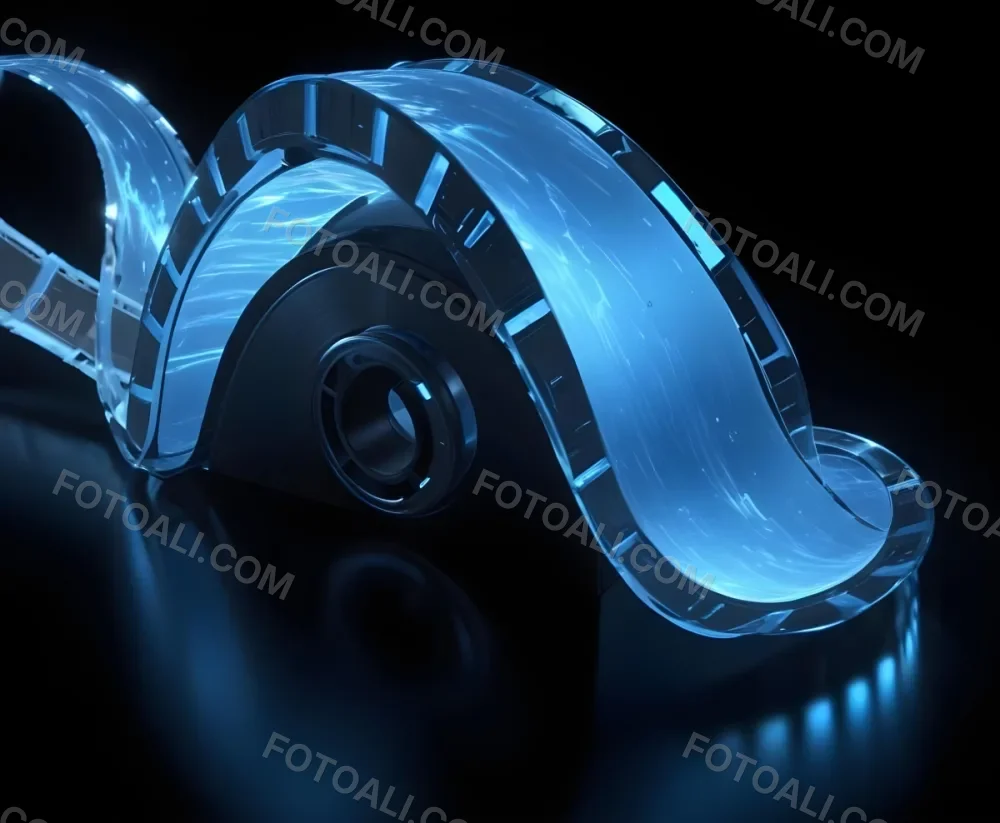 3d Model A Film Reel With A Blue Film Strip Flowing From It Creating A Wave Like Shape The Background Is Dark Emphasizing The Illuminated Film Strip And Reel Figure Octane Render Volumetric Highly Detailed Videoga 4 7259
