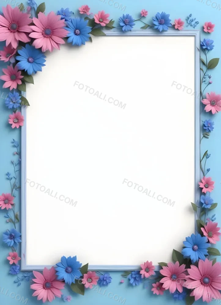 3d Model A Frame With Blue And Pink Flowers On A Light Blue Background Figure Octane Render Volumetric Highly Detailed Videogame Aesthetic 84 D998