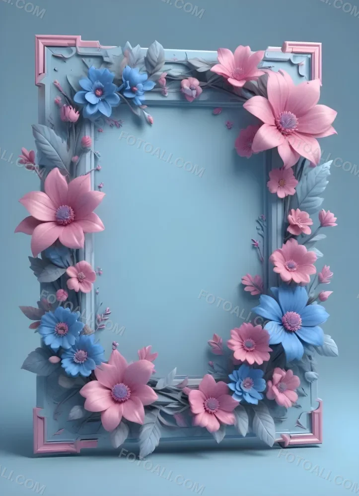 3d Model A Frame With Blue And Pink Flowers On A Light Blue Background Figure Octane Render Volumetric Highly Detailed Videogame Aesthetic 88 531a