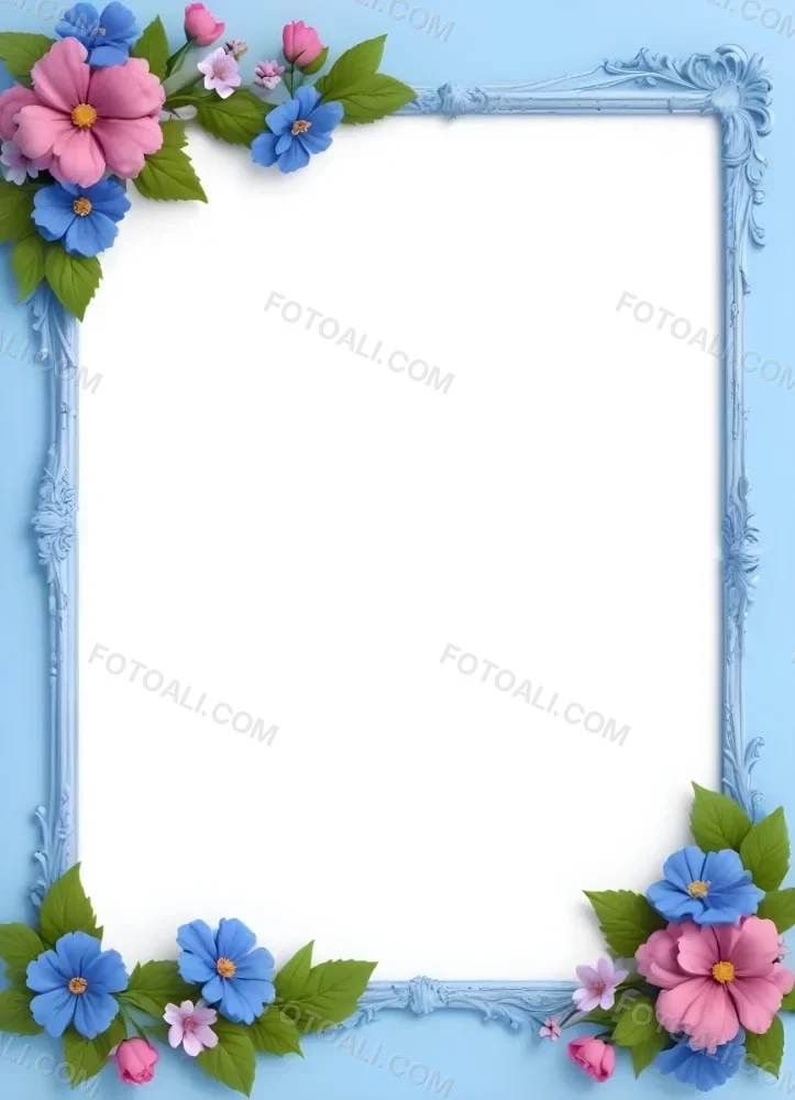 3d Model A Frame With Blue And Pink Flowers On A Light Blue Background Figure Octane Render Volumetric Highly Detailed Videogame Aesthetic 92 E9e3