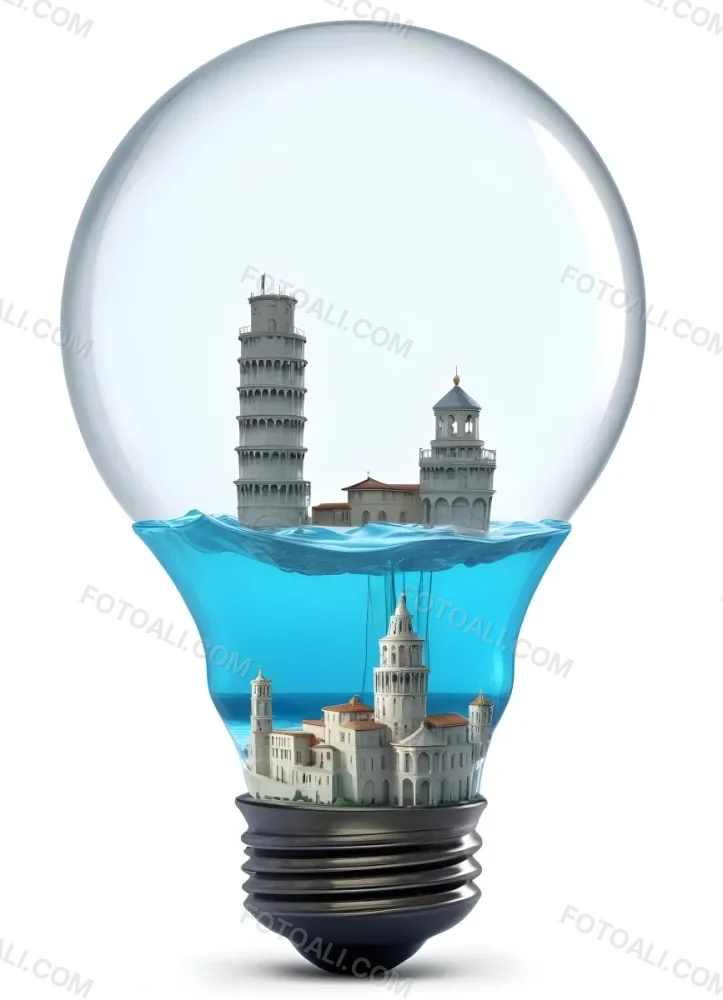 3d Model A Glass Light Bulb Containing A Miniature Ship Sailing On A Blue Ocean With The Leaning Tower Of Pisa In The Background Figure Octane Render Volumetric Highly Detailed Videogame Aesthetic 1 8d3a