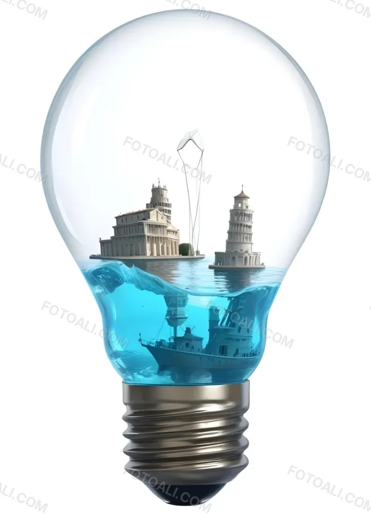 3d Model A Glass Light Bulb Containing A Miniature Ship Sailing On A Blue Ocean With The Leaning Tower Of Pisa In The Background Figure Octane Render Volumetric Highly Detailed Videogame Aesthetic 11 86ce