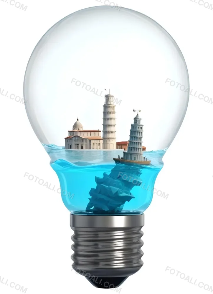 3d Model A Glass Light Bulb Containing A Miniature Ship Sailing On A Blue Ocean With The Leaning Tower Of Pisa In The Background Figure Octane Render Volumetric Highly Detailed Videogame Aesthetic 16 A022