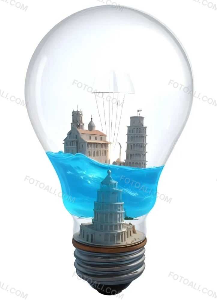 3d Model A Glass Light Bulb Containing A Miniature Ship Sailing On A Blue Ocean With The Leaning Tower Of Pisa In The Background Figure Octane Render Volumetric Highly Detailed Videogame Aesthetic 18 5265