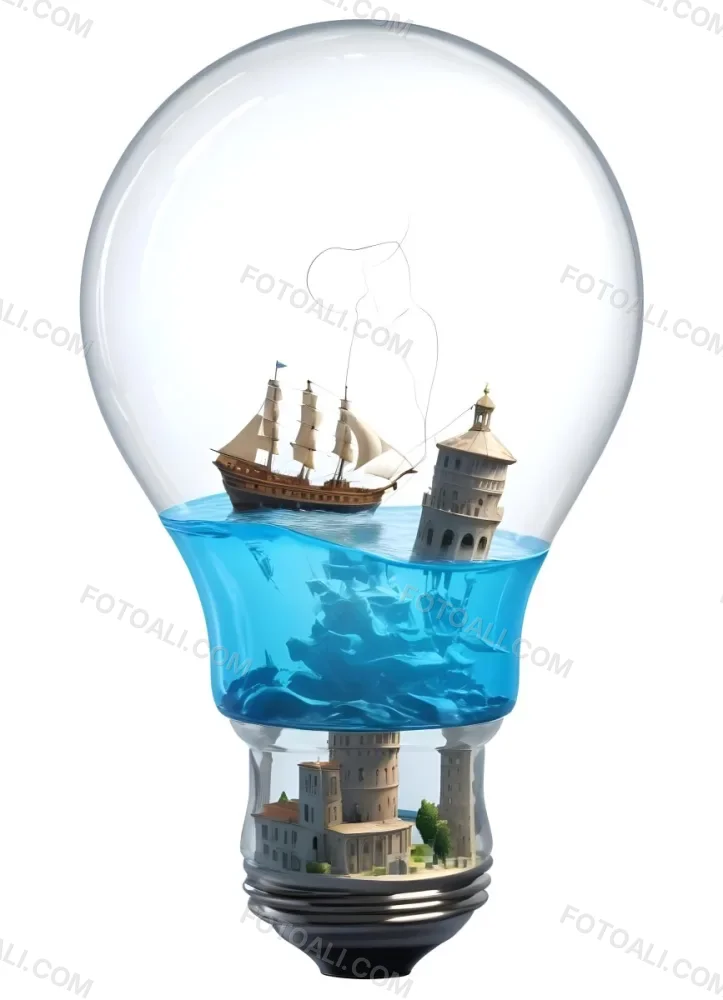 3d Model A Glass Light Bulb Containing A Miniature Ship Sailing On A Blue Ocean With The Leaning Tower Of Pisa In The Background Figure Octane Render Volumetric Highly Detailed Videogame Aesthetic 19 C947