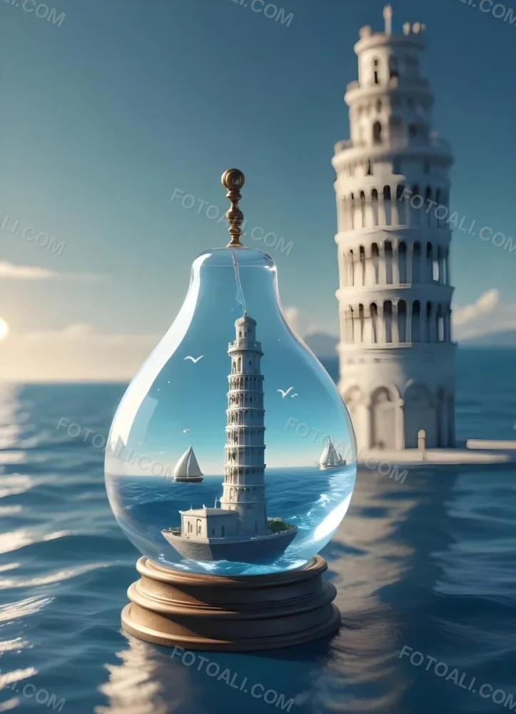 3d Model A Glass Light Bulb Containing A Miniature Ship Sailing On A Blue Ocean With The Leaning Tower Of Pisa In The Background Figure Octane Render Volumetric Highly Detailed Videogame Aesthetic 2 B10a