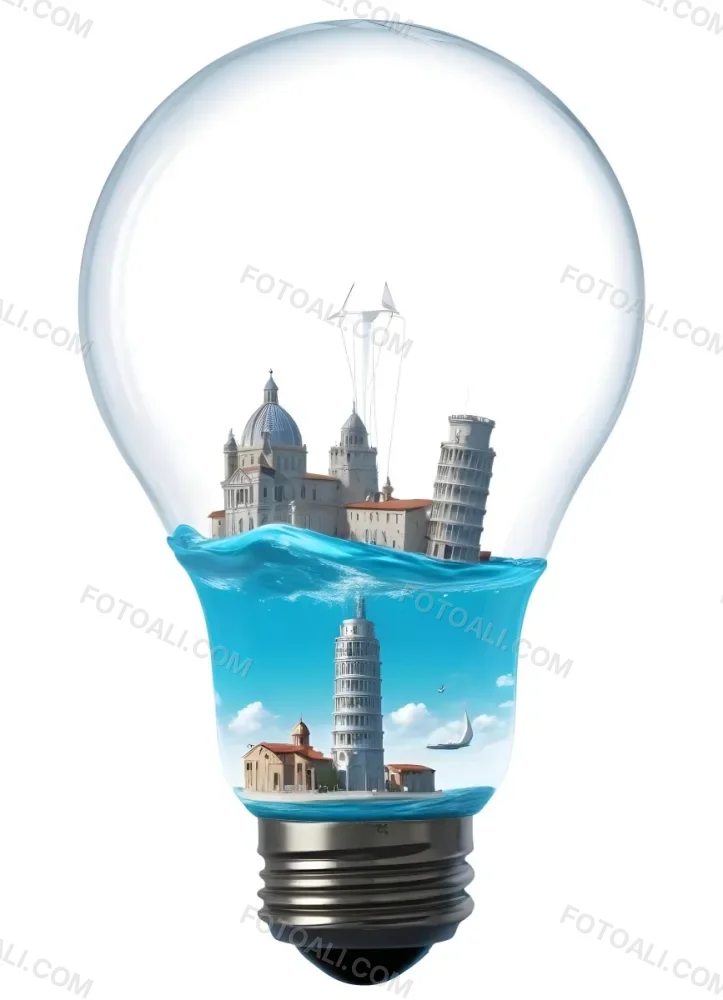 3d Model A Glass Light Bulb Containing A Miniature Ship Sailing On A Blue Ocean With The Leaning Tower Of Pisa In The Background Figure Octane Render Volumetric Highly Detailed Videogame Aesthetic 20 A043