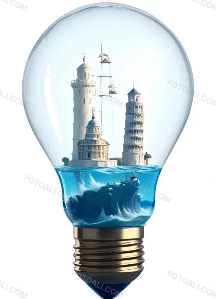 3d Model A Glass Light Bulb Containing A Miniature Ship Sailing On A Blue Ocean With The Leaning Tower Of Pisa In The Background Figure Octane Render Volumetric Highly Detailed Videogame Aesthetic 3 39ed