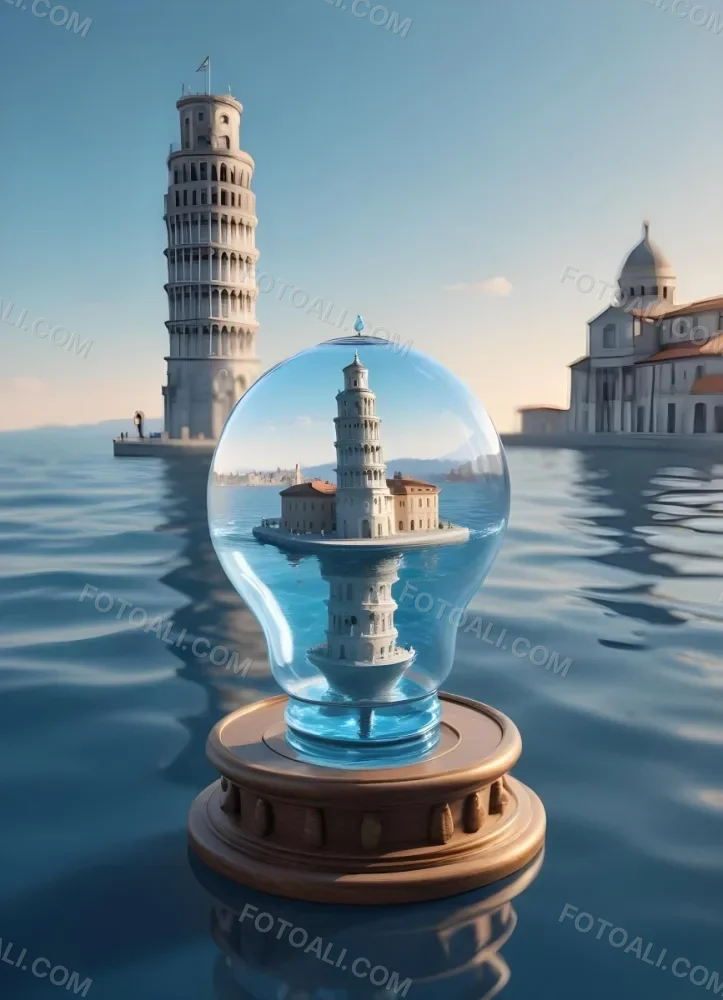 3d Model A Glass Light Bulb Containing A Miniature Ship Sailing On A Blue Ocean With The Leaning Tower Of Pisa In The Background Figure Octane Render Volumetric Highly Detailed Videogame Aesthetic 6 55b0