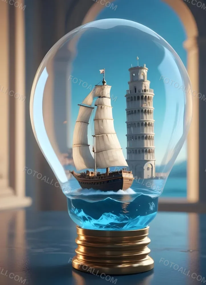 3d Model A Glass Light Bulb Containing A Miniature Ship Sailing On A Blue Ocean With The Leaning Tower Of Pisa In The Background Figure Octane Render Volumetric Highly Detailed Videogame Aesthetic 7 Bdf7