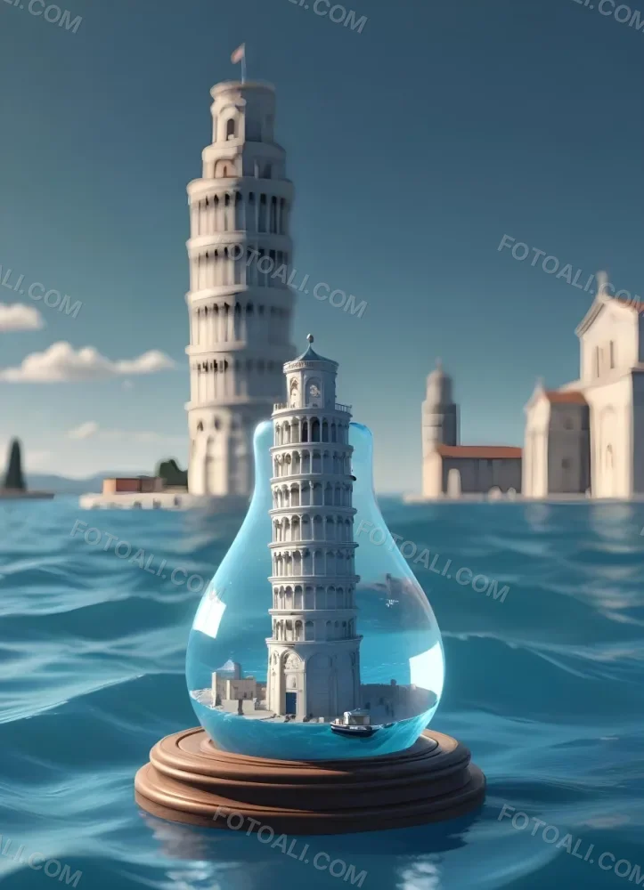 3d Model A Glass Light Bulb Containing A Miniature Ship Sailing On A Blue Ocean With The Leaning Tower Of Pisa In The Background Figure Octane Render Volumetric Highly Detailed Videogame Aesthetic 8 1078