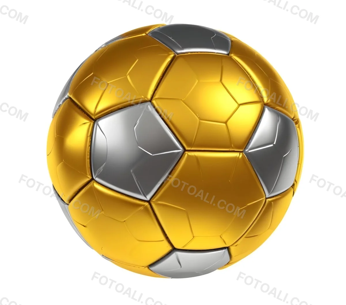 3d Model A Golden And Silver Soccer Ball With Hexagonal Pattern Shiny Texture Dynamic Lighting Isolated On A White Background Sports Equipment Competitive Spirit Victory Symbol Figure Octane Render Volumetric 10 F38a