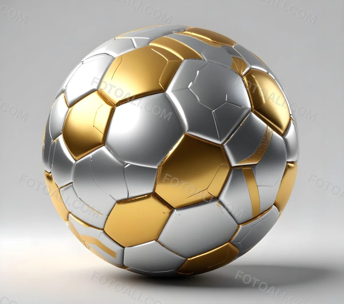3d Model A Golden And Silver Soccer Ball With Hexagonal Pattern Shiny Texture Dynamic Lighting Isolated On A White Background Sports Equipment Competitive Spirit Victory Symbol Figure Octane Render Volumetric 38 E41d