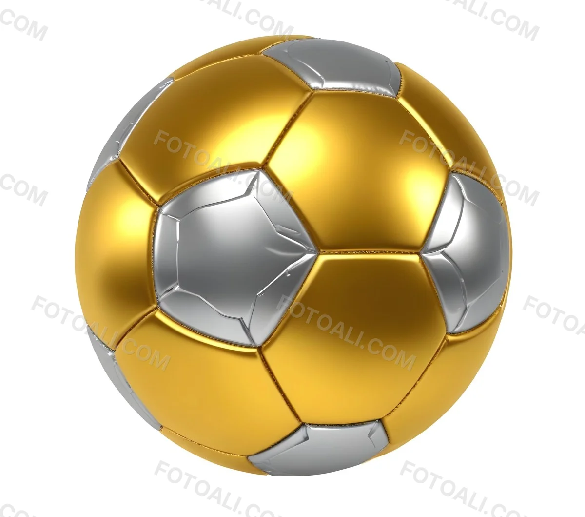 3d Model A Golden And Silver Soccer Ball With Hexagonal Pattern Shiny Texture Dynamic Lighting Isolated On A White Background Sports Equipment Competitive Spirit Victory Symbol Figure Octane Render Volumetric 41 B71a