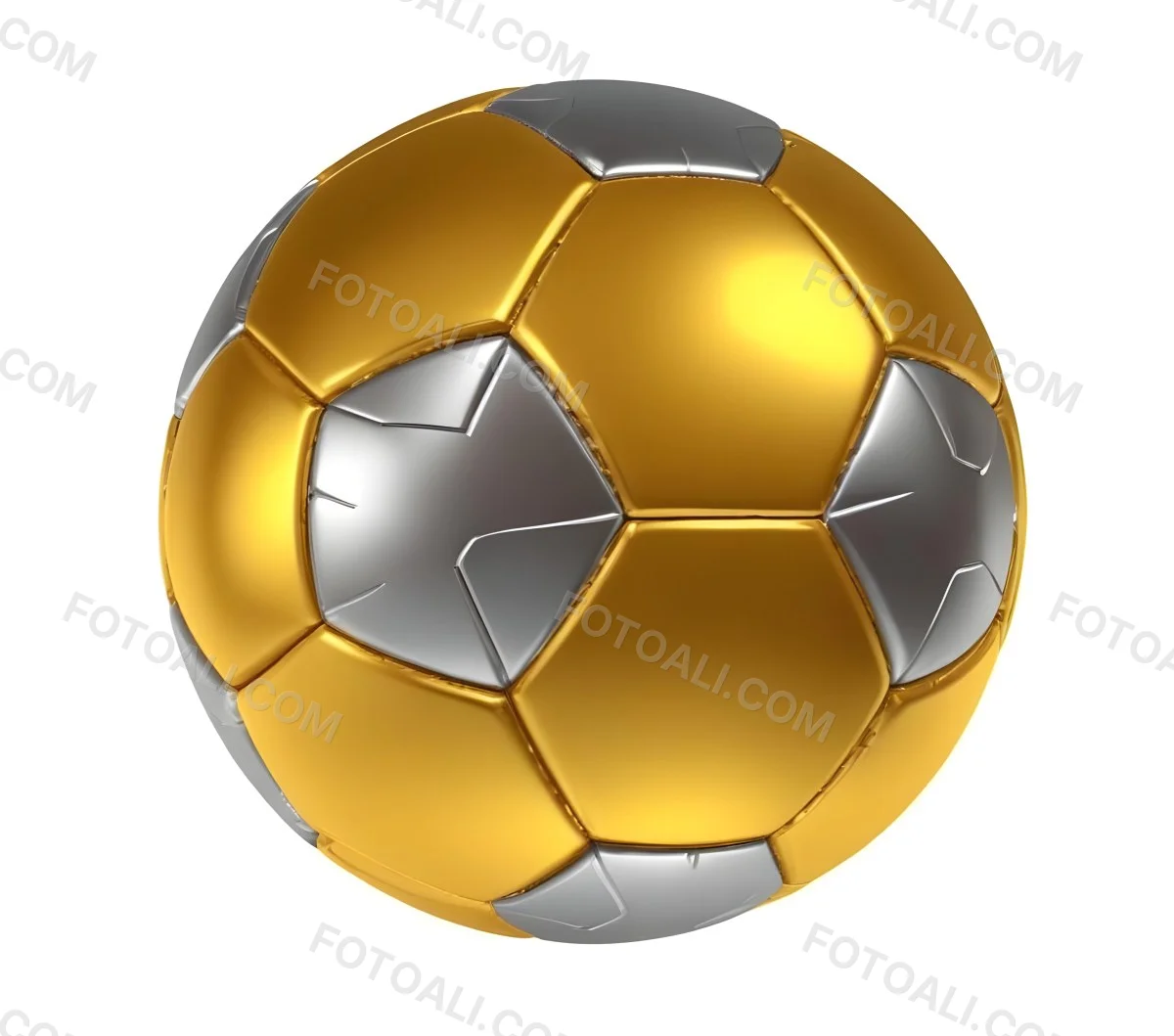 3d Model A Golden And Silver Soccer Ball With Hexagonal Pattern Shiny Texture Dynamic Lighting Isolated On A White Background Sports Equipment Competitive Spirit Victory Symbol Figure Octane Render Volumetric 8 442c