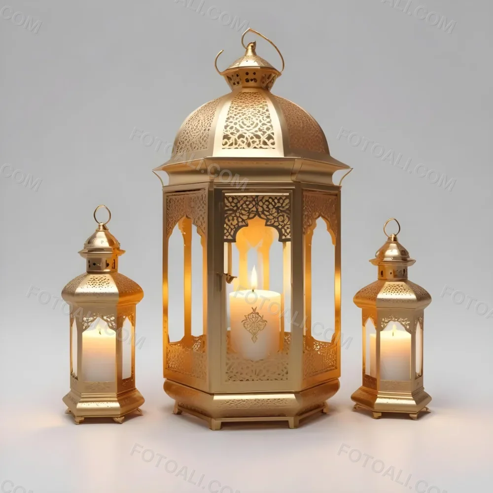 3d Model A Golden Arabic Lantern With Candle Inside A Smaller Lantern And Three Candles On A White Surface Plain White Background Figure Octane Render Volumetric Highly Detailed Videogame Aesthetic 10 5e14