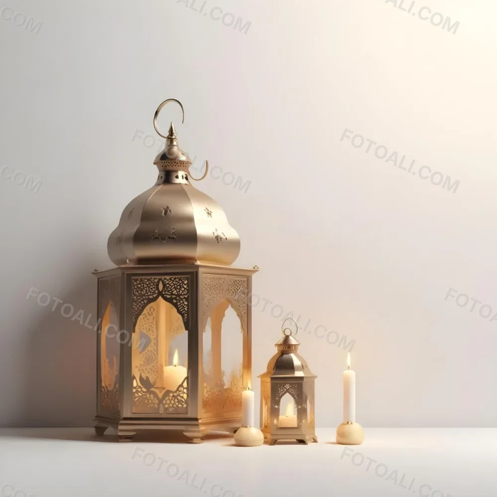3d Model A Golden Arabic Lantern With Candle Inside A Smaller Lantern And Three Candles On A White Surface Plain White Background Figure Octane Render Volumetric Highly Detailed Videogame Aesthetic 19 4356