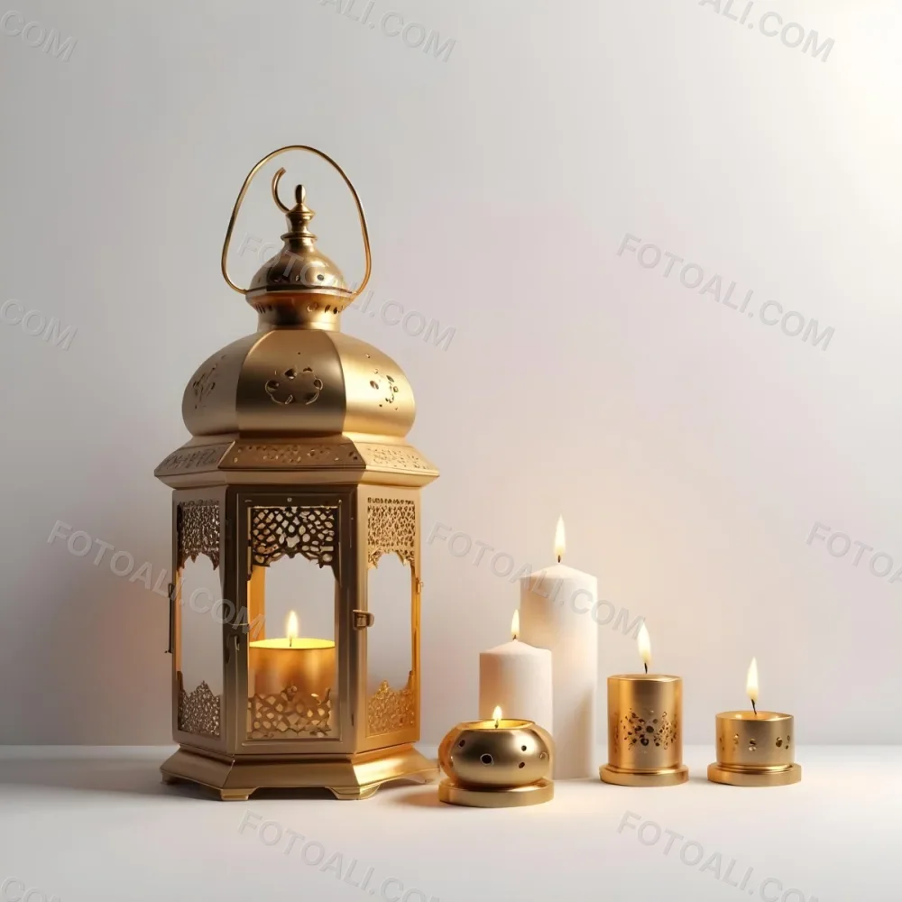 3d Model A Golden Arabic Lantern With Candle Inside A Smaller Lantern And Three Candles On A White Surface Plain White Background Figure Octane Render Volumetric Highly Detailed Videogame Aesthetic 22 8283