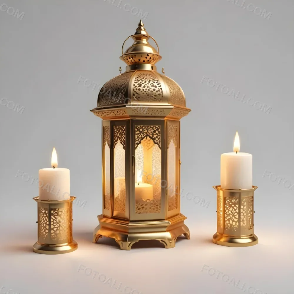 3d Model A Golden Arabic Lantern With Candle Inside A Smaller Lantern And Three Candles On A White Surface Plain White Background Figure Octane Render Volumetric Highly Detailed Videogame Aesthetic 24 337b