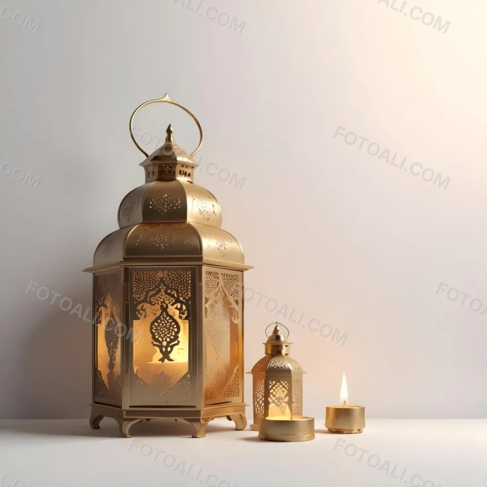 3d Model A Golden Arabic Lantern With Candle Inside A Smaller Lantern And Three Candles On A White Surface Plain White Background Figure Octane Render Volumetric Highly Detailed Videogame Aesthetic 28 4bd7