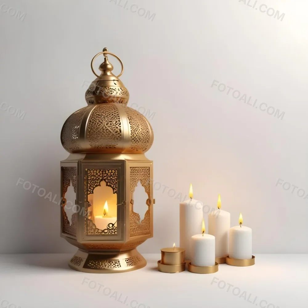 3d Model A Golden Arabic Lantern With Candle Inside A Smaller Lantern And Three Candles On A White Surface Plain White Background Figure Octane Render Volumetric Highly Detailed Videogame Aesthetic 30 Dca6