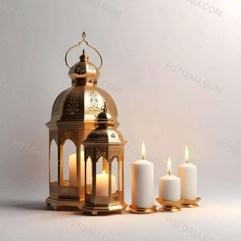 3d Model A Golden Arabic Lantern With Candle Inside A Smaller Lantern And Three Candles On A White Surface Plain White Background Figure Octane Render Volumetric Highly Detailed Videogame Aesthetic 4 73bd