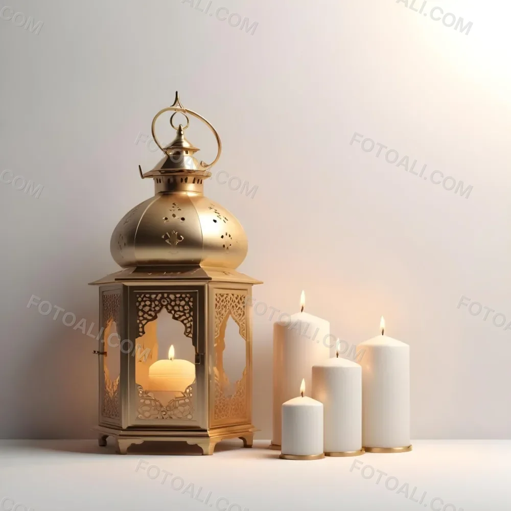 3d Model A Golden Arabic Lantern With Candle Inside A Smaller Lantern And Three Candles On A White Surface Plain White Background Figure Octane Render Volumetric Highly Detailed Videogame Aesthetic 6 7091