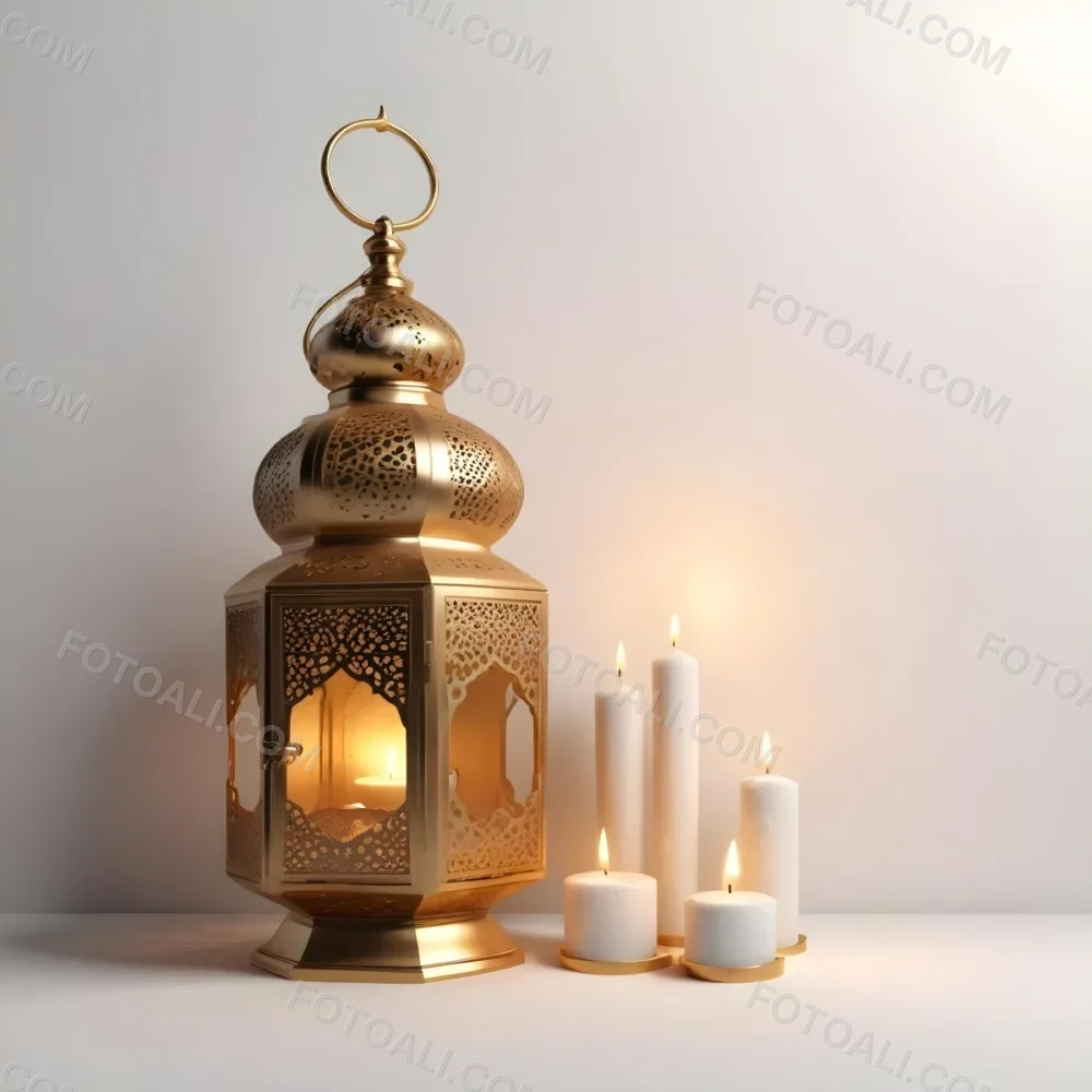 3d Model A Golden Arabic Lantern With Candle Inside A Smaller Lantern And Three Candles On A White Surface Plain White Background Figure Octane Render Volumetric Highly Detailed Videogame Aesthetic 7 1853