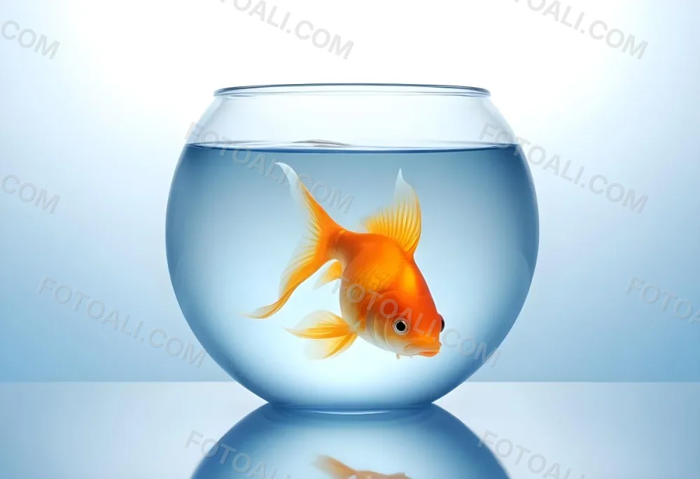 3d Model A Goldfish Inside A Transparent Fishbowl With Clear Water The Background Is A Light Blue Gradient The Fish Is Facing The Right Side Figure Octane Render Volumetric Highly Detailed Videogame Aesthetic 32 Bfe5